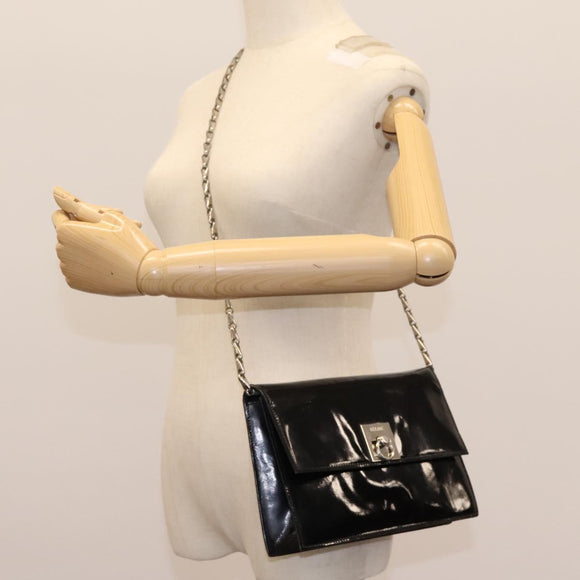 CELINE Chain Shoulder Bag Enamel Black Silver Auth ar13323