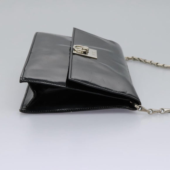 CELINE Chain Shoulder Bag Enamel Black Silver Auth ar13323