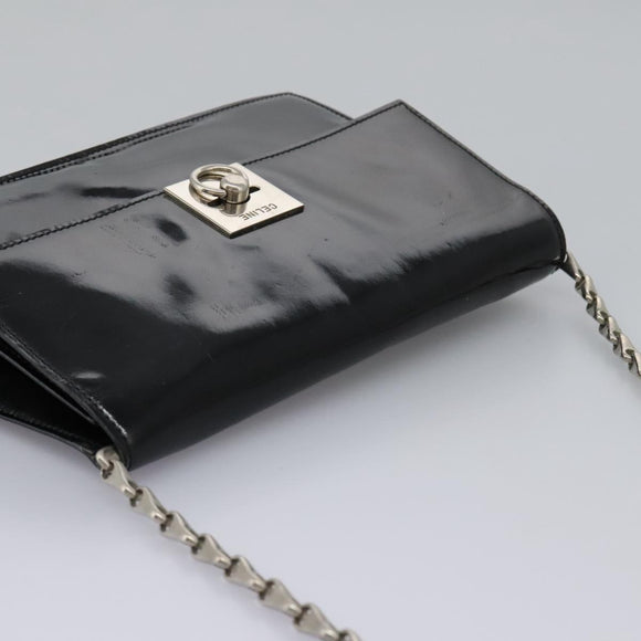CELINE Chain Shoulder Bag Enamel Black Silver Auth ar13323