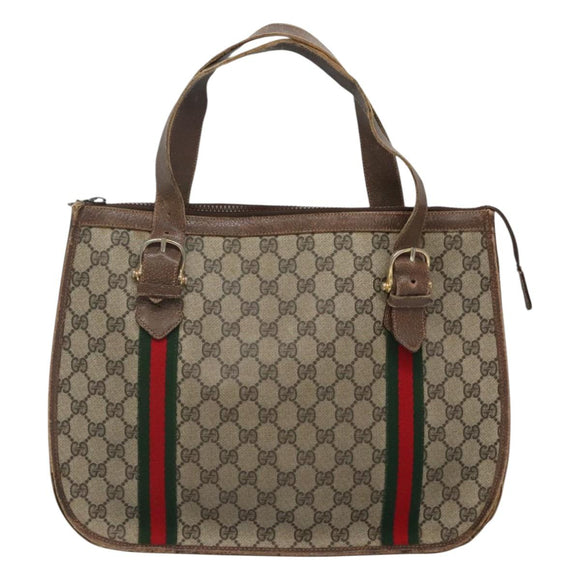 GUCCI GG Supreme Web Sherry Line Handtas PVC Beige Goud Auth ar13384