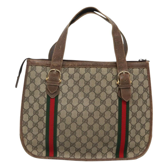 GUCCI GG Supreme Web Sherry Line Hand Bag PVC Beige Gold Auth ar13384