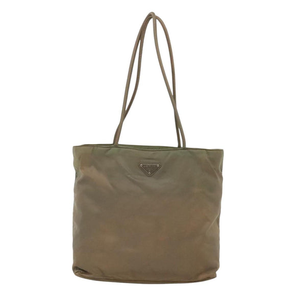 PRADA Tote Bag Nylon Beige Silver Auth ar13394