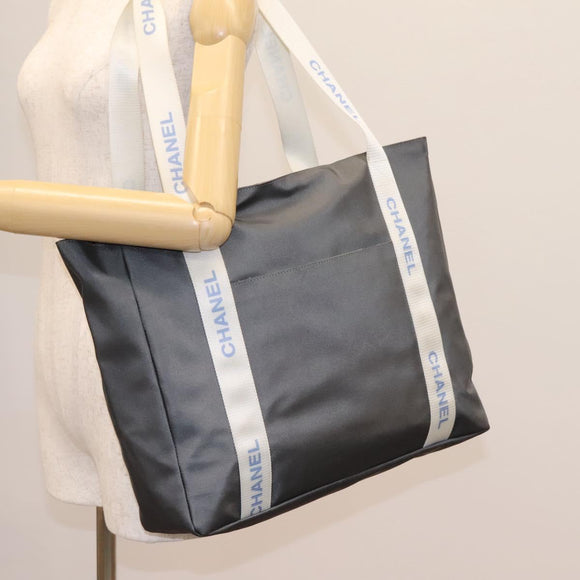 CHANEL Sports Tote Bag Nylon Gray White CC Auth ar13479