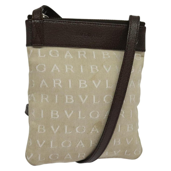 BVLGARI Shoulder Bag Canvas Beige Silver Auth ar13574
