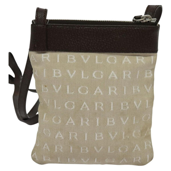 BVLGARI Shoulder Bag Canvas Beige Silver Auth ar13574