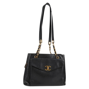 CHANEL COCO Mark Chain Shoulder Bag Caviar Skin Black Gold CC Auth ar13626