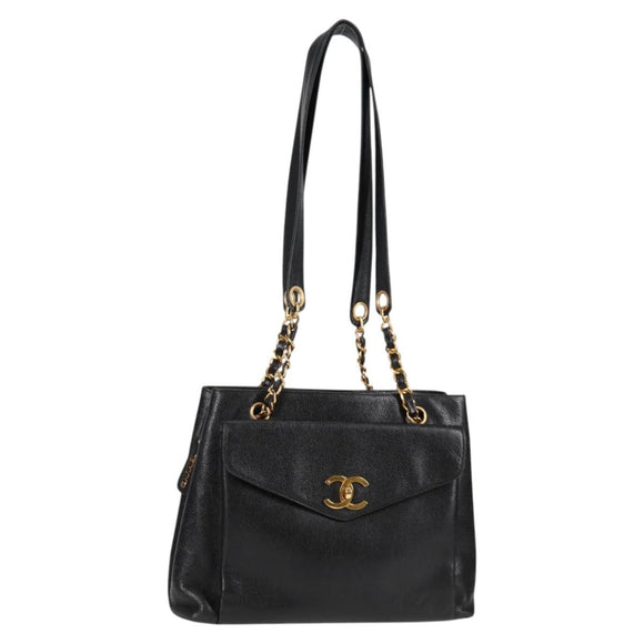 CHANEL COCO Mark Chain Shoulder Bag Caviar Skin Black Gold CC Auth ar13626