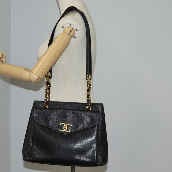 CHANEL COCO Mark Chain Shoulder Bag Caviar Skin Black Gold CC Auth ar13626