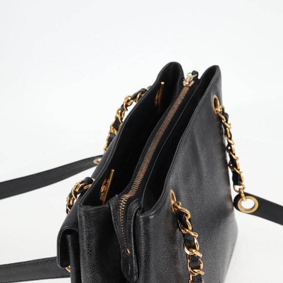 CHANEL COCO Mark Chain Shoulder Bag Caviar Skin Black Gold CC Auth ar13626