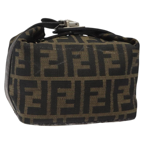 FENDI Zucca Canvas Hand Pouch BagBlack Brown Silver Auth ar13639