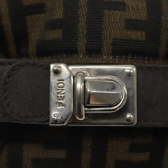 FENDI Zucca Canvas Hand Pouch BagBlack Brown Silver Auth ar13639