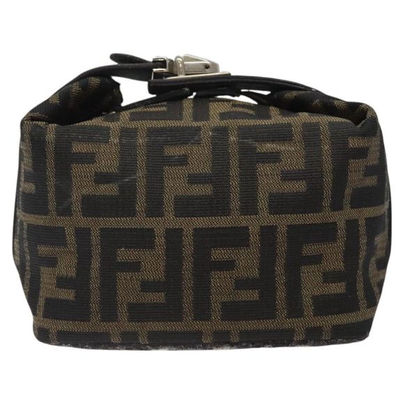 FENDI Zucca Canvas Hand Pouch BagBlack Brown Silver Auth ar13639