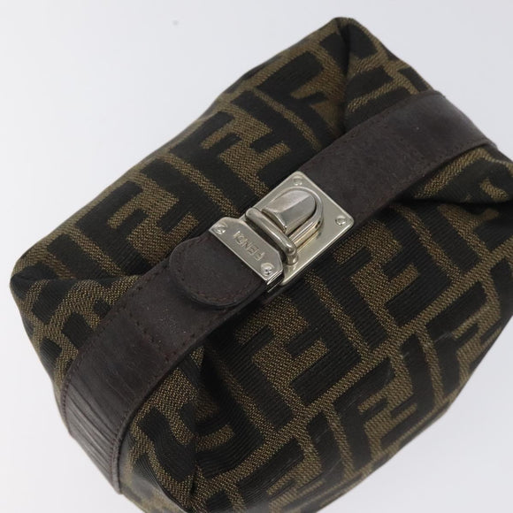 FENDI Zucca Canvas Hand Pouch BagBlack Brown Silver Auth ar13639