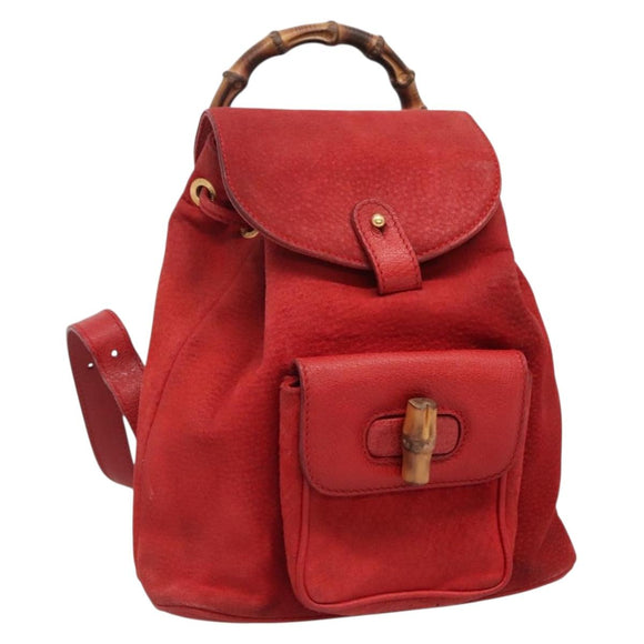 GUCCI Bamboo Backpack Suede Leather Red Gold 003 58 0030 Auth ar13675
