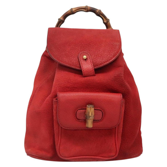 GUCCI Bamboo Backpack Suede Leather Red Gold 003 58 0030 Auth ar13675