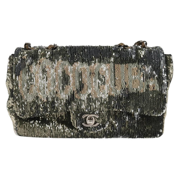 CHANEL 2017 Cruise Coco Cuba Chain Shoulder Bag Sequin Green CC Auth ar13715M