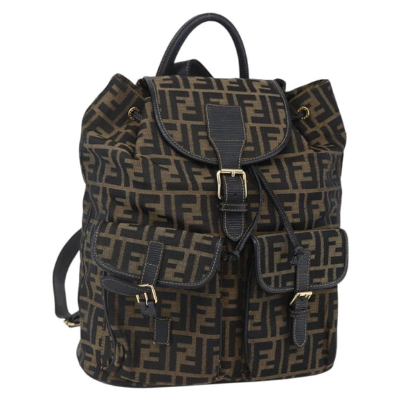 FENDI Zucca Canvas Backpack Brown Black gold Auth ar13750