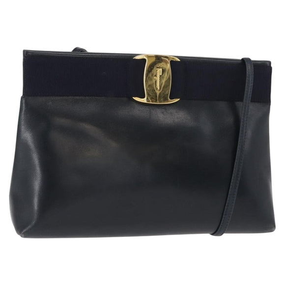 Salvatore Ferragamo Vala Shoulder Bag Leather Navy Gold Auth ar13751