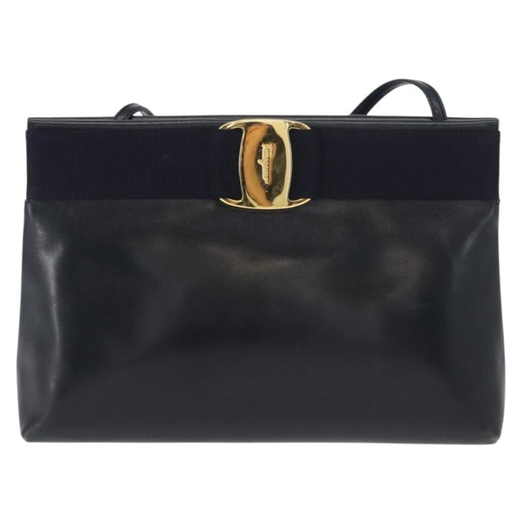 Salvatore Ferragamo Vala Shoulder Bag Leather Navy Gold Auth ar13751