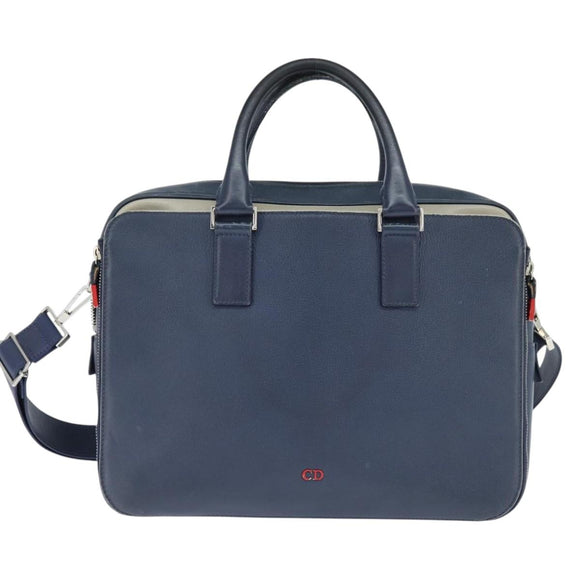 Christian Dior Business Bag Leather 2ways Navy Silver Auth ar13763