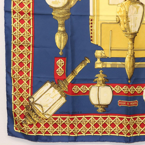HERMES Carre 90 Scarf ""FEUX DE ROUTE"" Silk Blue Auth ar13764