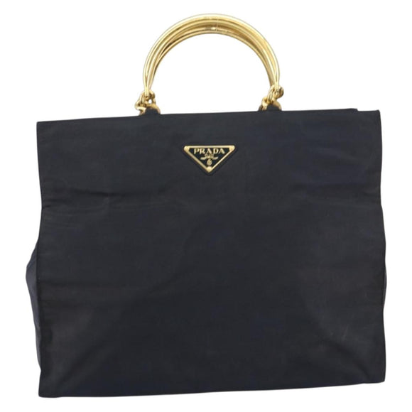 PRADA Hand Bag Nylon Black Gold Auth ar13780