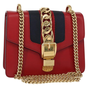 GUCCI Sylvie Sherry Line Chain Shoulder Bag Leather Red Gold 431666 Auth ar13813