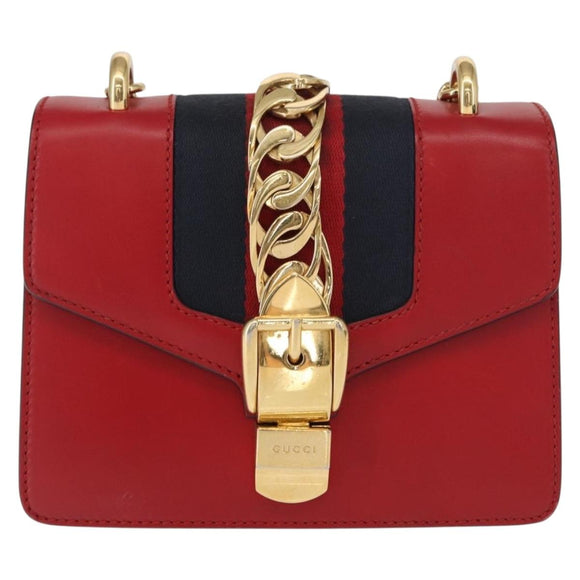 GUCCI Sylvie Sherry Line Chain Shoulder Bag Leather Red Gold 431666 Auth ar13813