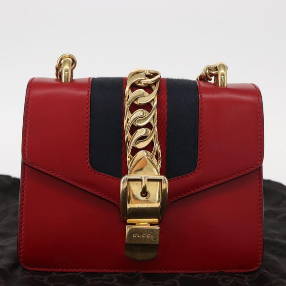 GUCCI Sylvie Sherry Line Chain Shoulder Bag Leather Red Gold 431666 Auth ar13813