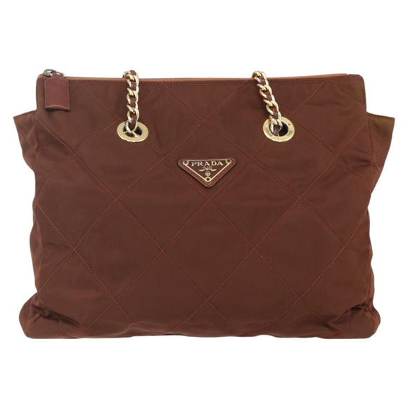 PRADA Chain Tote Bag Nylon Gold Brown Auth ar13820
