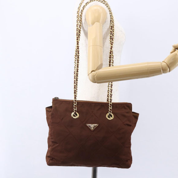 PRADA Chain Tote Bag Nylon Gold Brown Auth ar13820