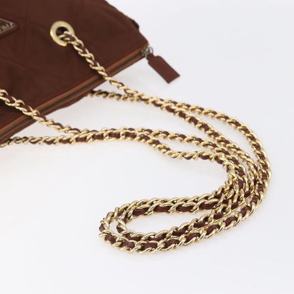 PRADA Chain Tote Bag Nylon Gold Brown Auth ar13820