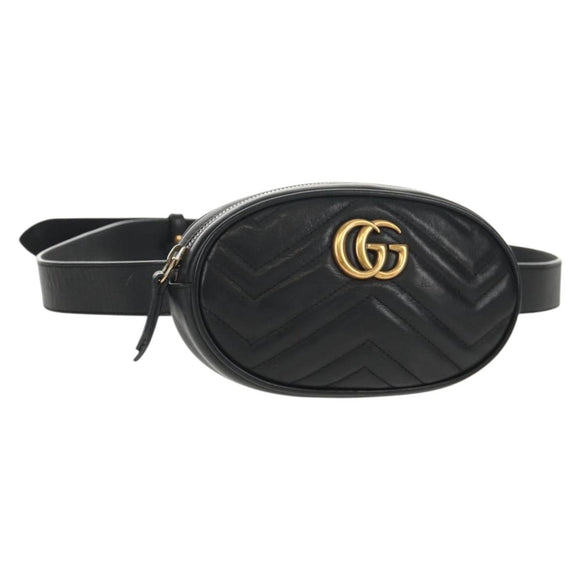GUCCI GG Marmont Waist Bag Leather Black Gold 476434 Auth ar13822A