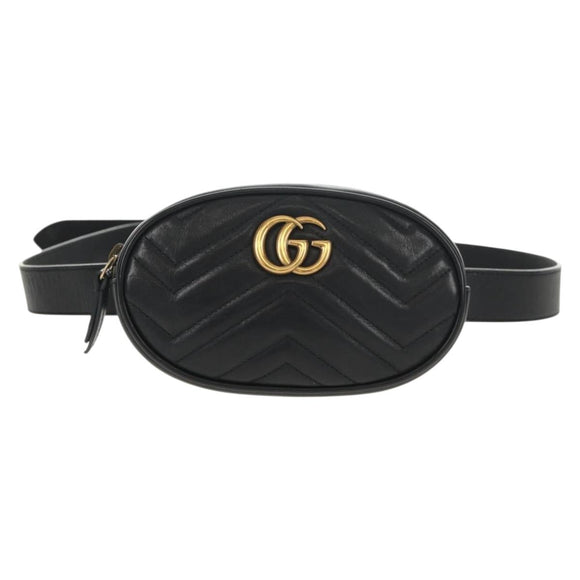 GUCCI GG Marmont Waist Bag Leather Black Gold 476434 Auth ar13822A