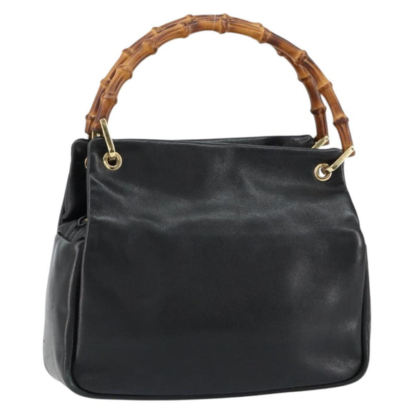 GUCCI Bamboo Hand Bag Leather Black Gold 000 2865 0575 Auth ar13837