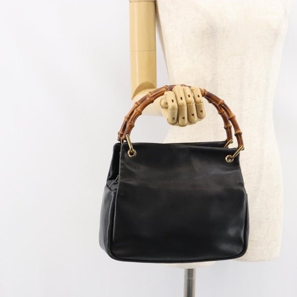 GUCCI Bamboo Hand Bag Leather Black Gold 000 2865 0575 Auth ar13837