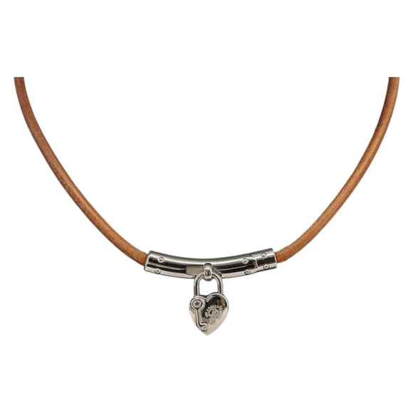 HERMES Choker Heart Cadena Viviride Leather Brown Auth ar13846