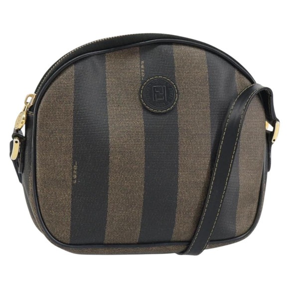 FENDI Pecan Canvas Shoulder Bag PVC Black Brown gold Auth ar13856