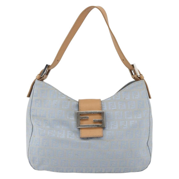 FENDI Zucchino Canvas Mamma Baguette Shoulder Bag Light Blue Silver Authar13875V