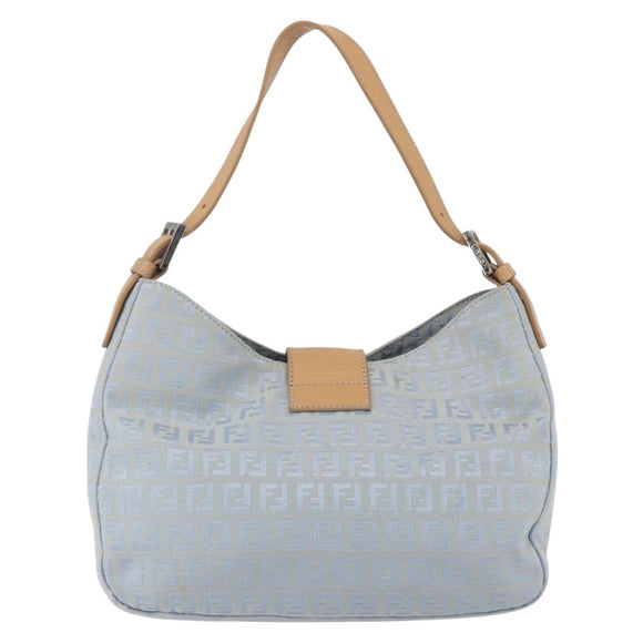 FENDI Zucchino Canvas Mamma Baguette Shoulder Bag Light Blue Silver Authar13875V