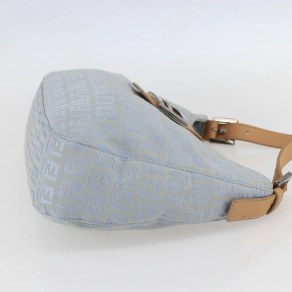 FENDI Zucchino Canvas Mamma Baguette Shoulder Bag Light Blue Silver Authar13875V
