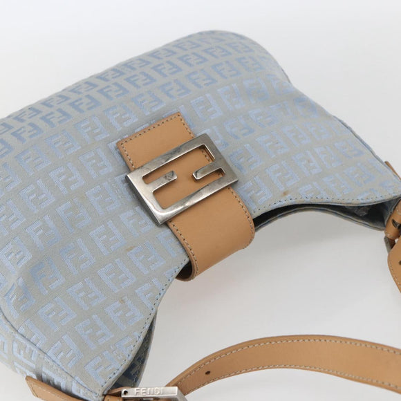 FENDI Zucchino Canvas Mamma Baguette Shoulder Bag Light Blue Silver Authar13875V