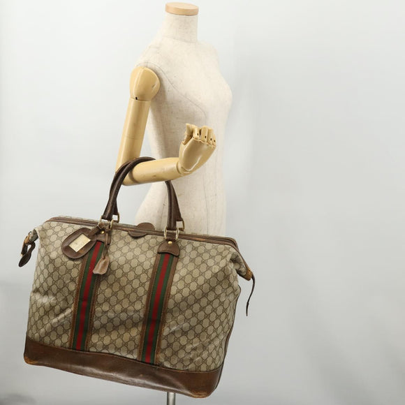GUCCI GG Supreme Web Sherry Line Boston Bag PVC Beige Gold Auth ar13893
