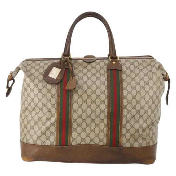 GUCCI GG Supreme Web Sherry Line Boston Bag PVC Beige Gold Auth ar13893