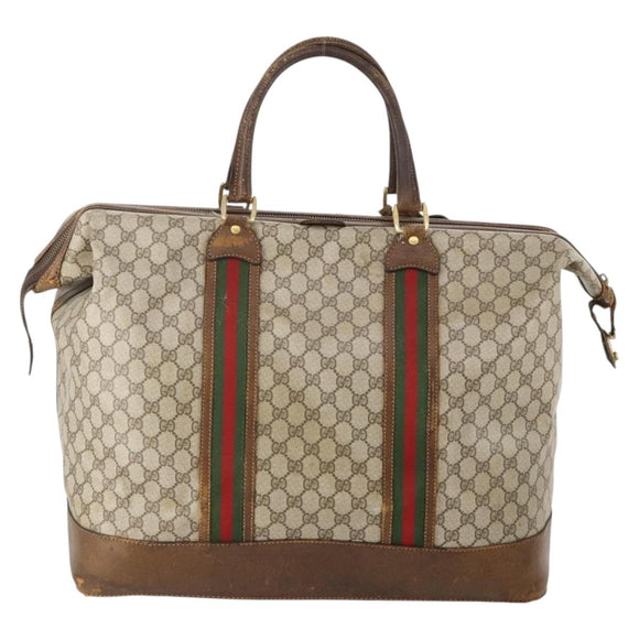 GUCCI GG Supreme Web Sherry Line Boston Bag PVC Beige Gold Auth ar13893