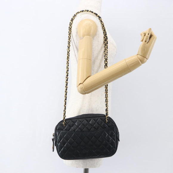 CHANEL Chain Matelasse Shoulder Bag Lamb Skin Black Gold CC Auth ar13902