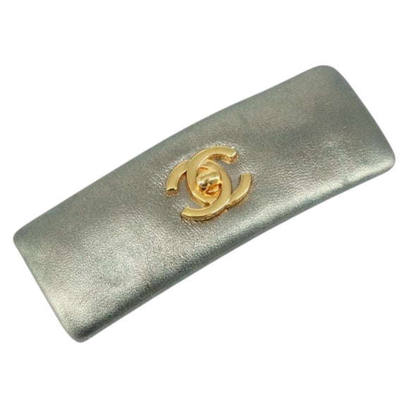 CHANEL Hairpin COCO Mark Lamb Skin Turquoise Blue CC Auth ar13908