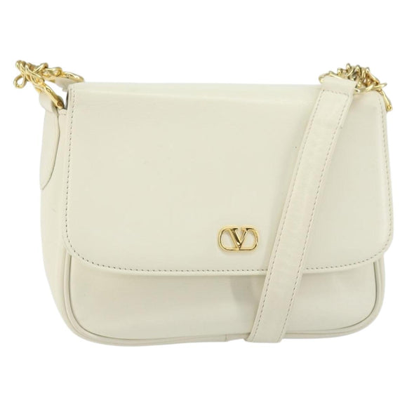 VALENTINO Chain Shoulder Bag Leather White Gold Auth ar13910