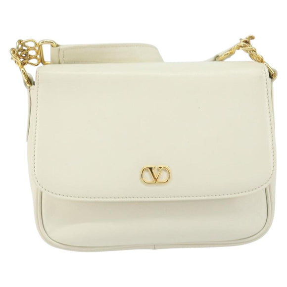 VALENTINO Chain Shoulder Bag Leather White Gold Auth ar13910