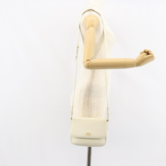 VALENTINO Chain Shoulder Bag Leather White Gold Auth ar13910